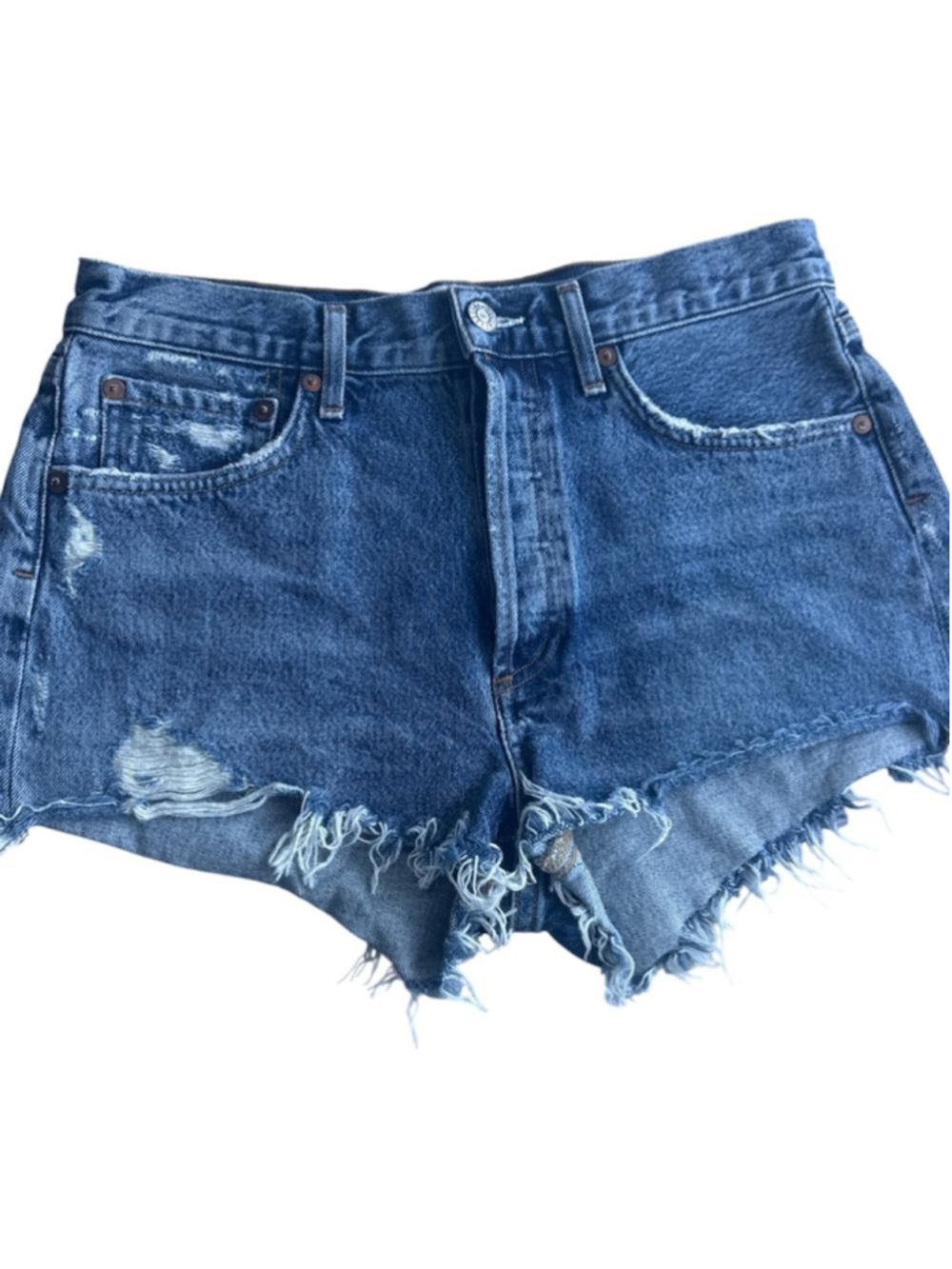 AGOLDE Parker Vintage Cutoff Denim Shorts in Medium Wash Distressed| Size 27 - Picture 3 of 8